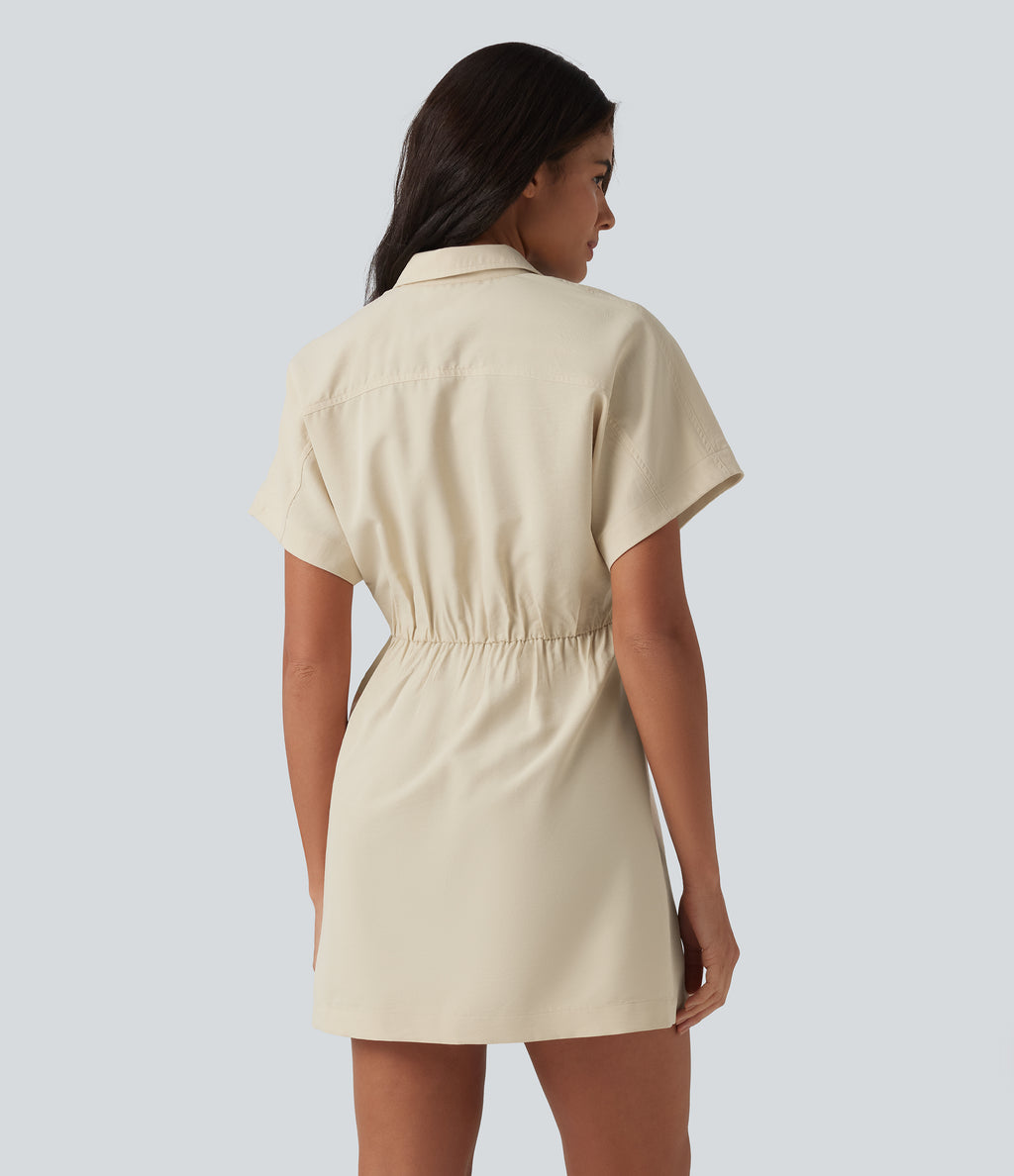 Short Sleeve Mini Work Shirt Dress with Pocket — Almond Milk — view 2
