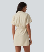 Short Sleeve Mini Work Shirt Dress with Pocket — Almond Milk — view 2