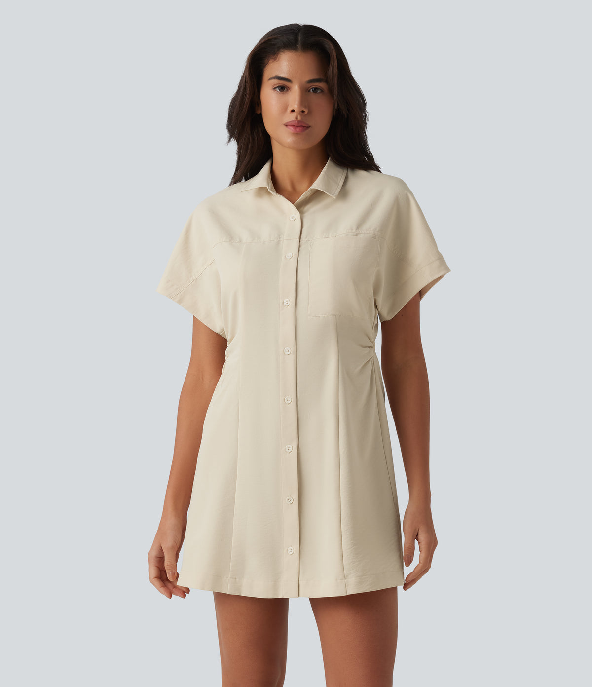 Short Sleeve Mini Work Shirt Dress with Pocket — Almond Milk — view 1