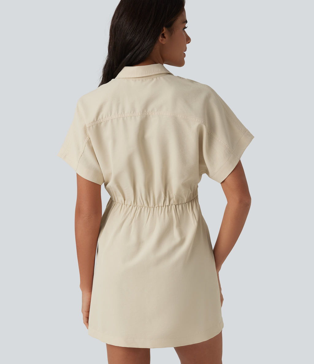 Short Sleeve Mini Work Shirt Dress with Pocket — Almond Milk — view 4