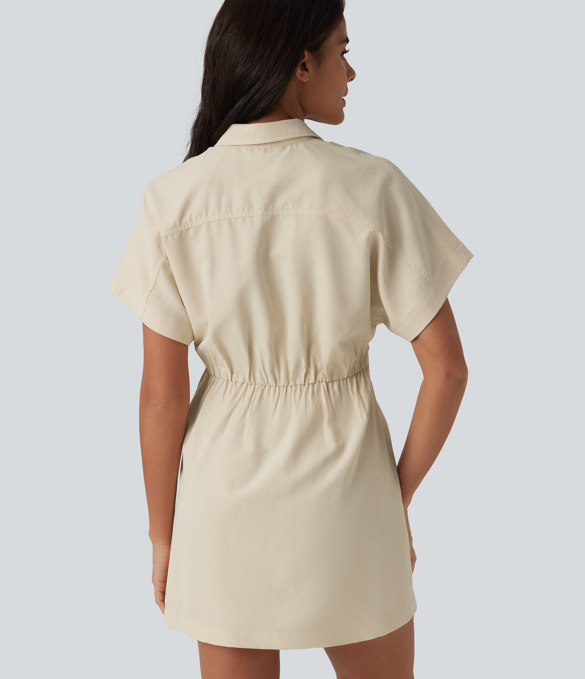 Short Sleeve Mini Work Shirt Dress with Pocket — Almond Milk — view 4