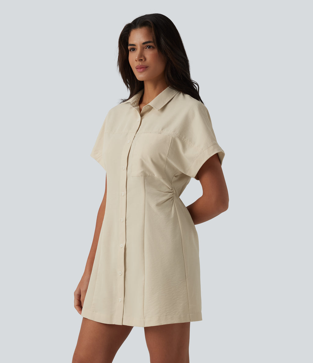 Short Sleeve Mini Work Shirt Dress with Pocket — Almond Milk — view 3