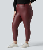 High Waisted Stretchy PU Fleece Casual Plus Size Leggings with Pockets — Andorra — view 3
