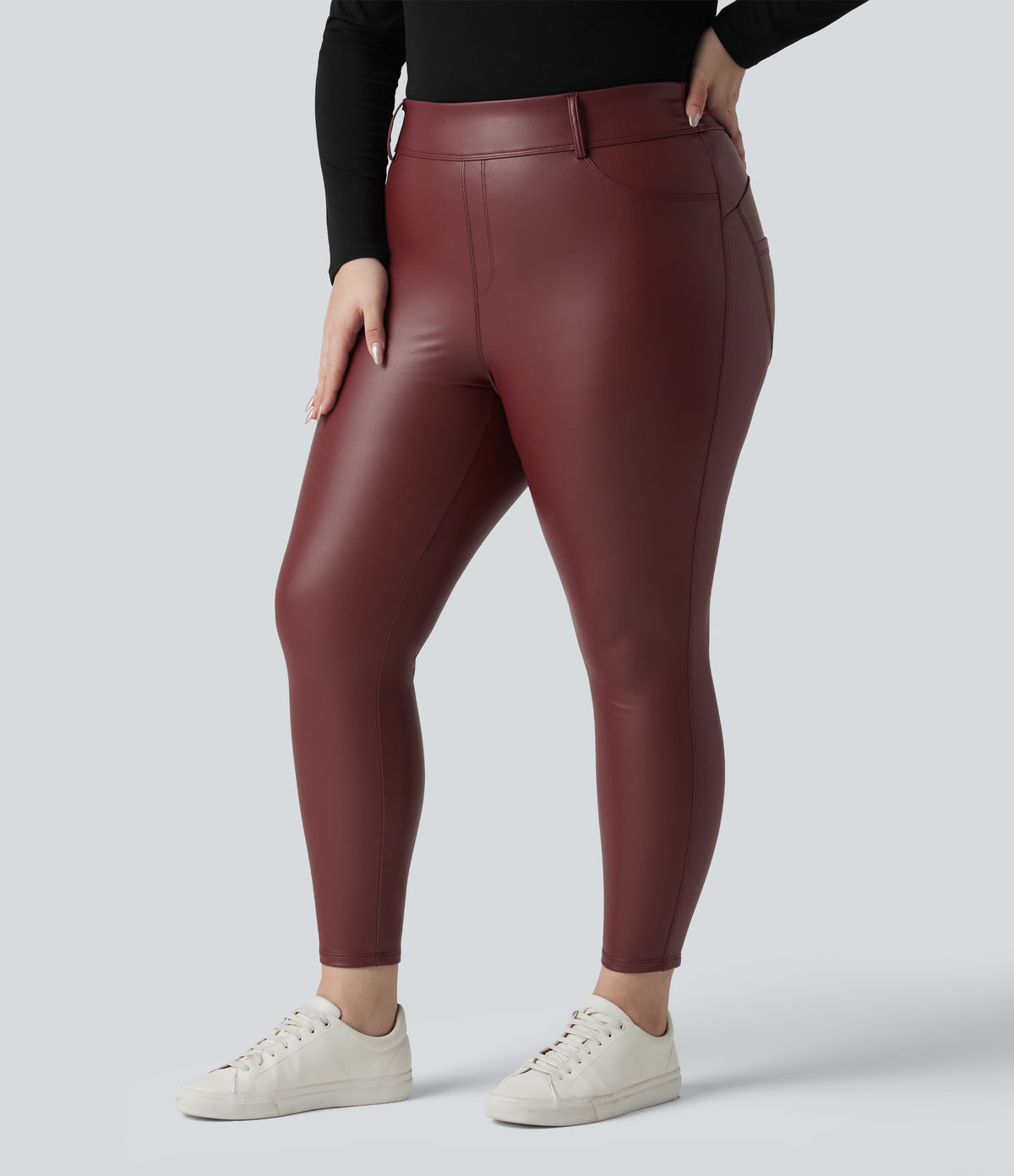 High Waisted Stretchy PU Fleece Casual Plus Size Leggings with Pockets — Andorra — view 3