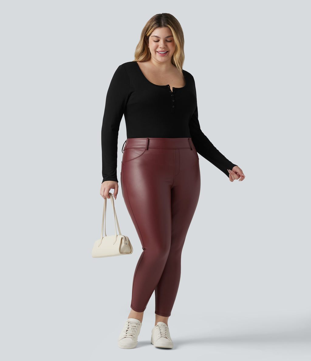 High Waisted Stretchy PU Fleece Casual Plus Size Leggings with Pockets — Andorra — view 7
