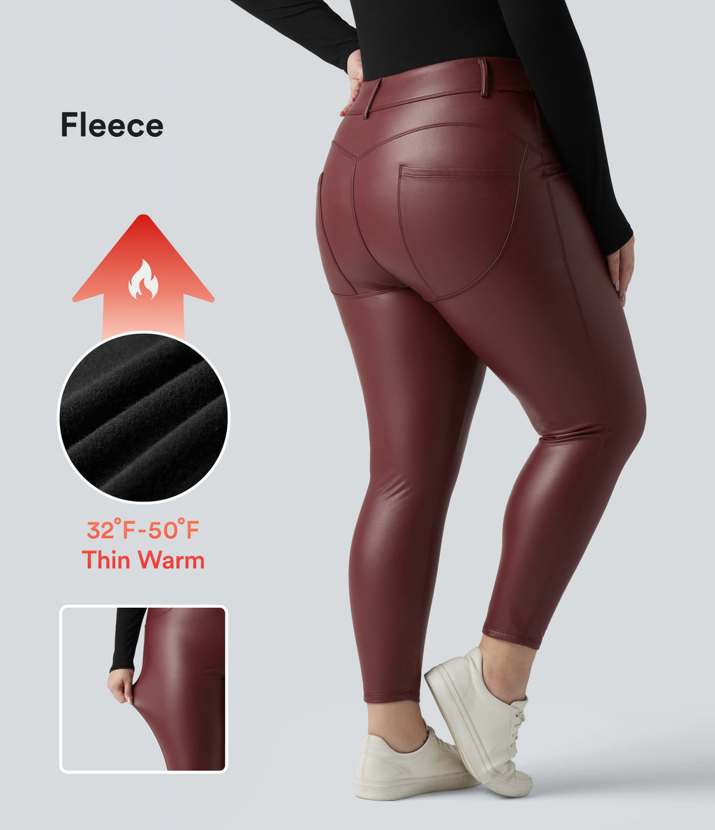 High Waisted Stretchy PU Fleece Casual Plus Size Leggings with Pockets — Andorra — view 1