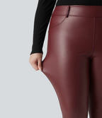 High Waisted Stretchy PU Fleece Casual Plus Size Leggings with Pockets — Andorra — view 4