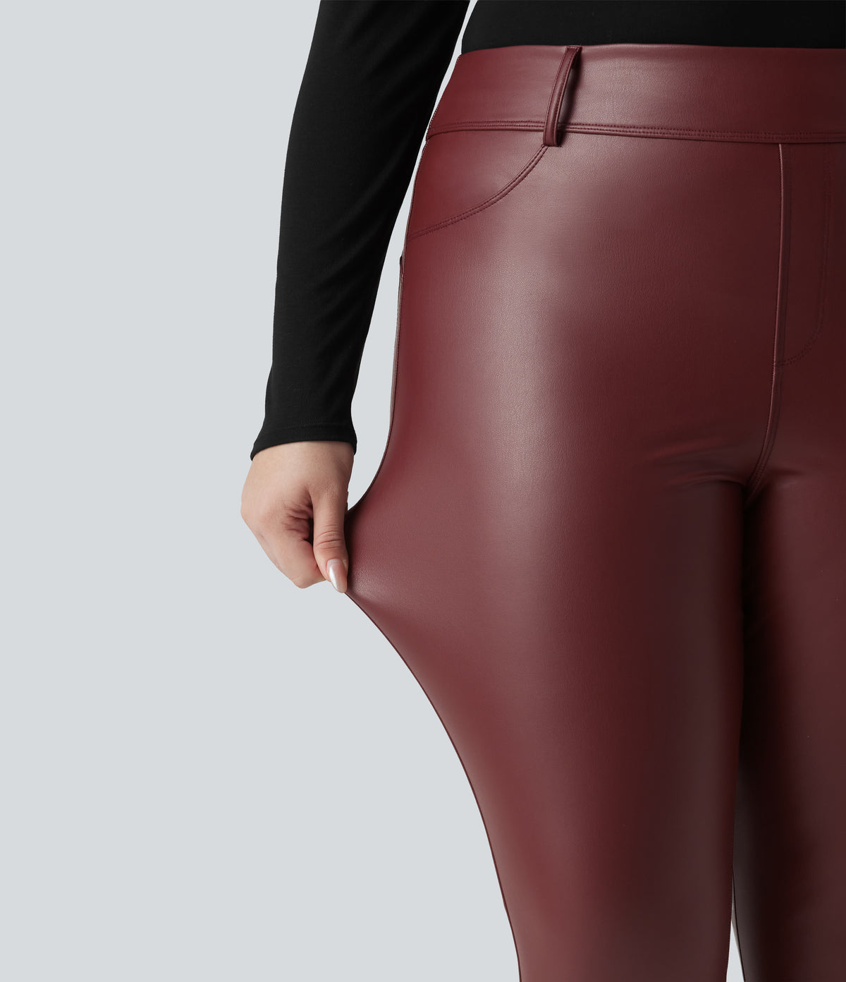 High Waisted Stretchy PU Fleece Casual Plus Size Leggings with Pockets — Andorra — view 4