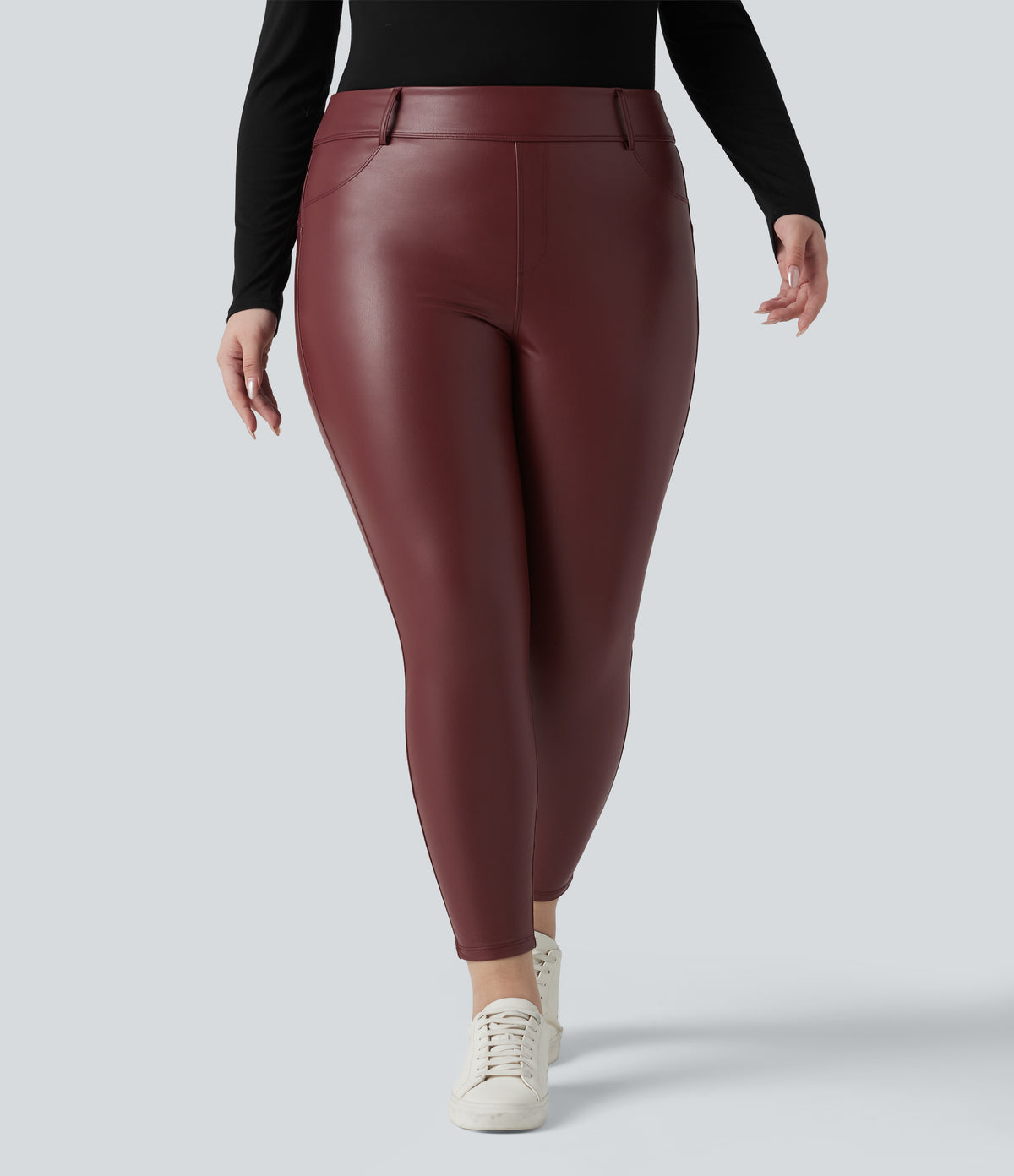 High Waisted Stretchy PU Fleece Casual Plus Size Leggings with Pockets — Andorra — view 2