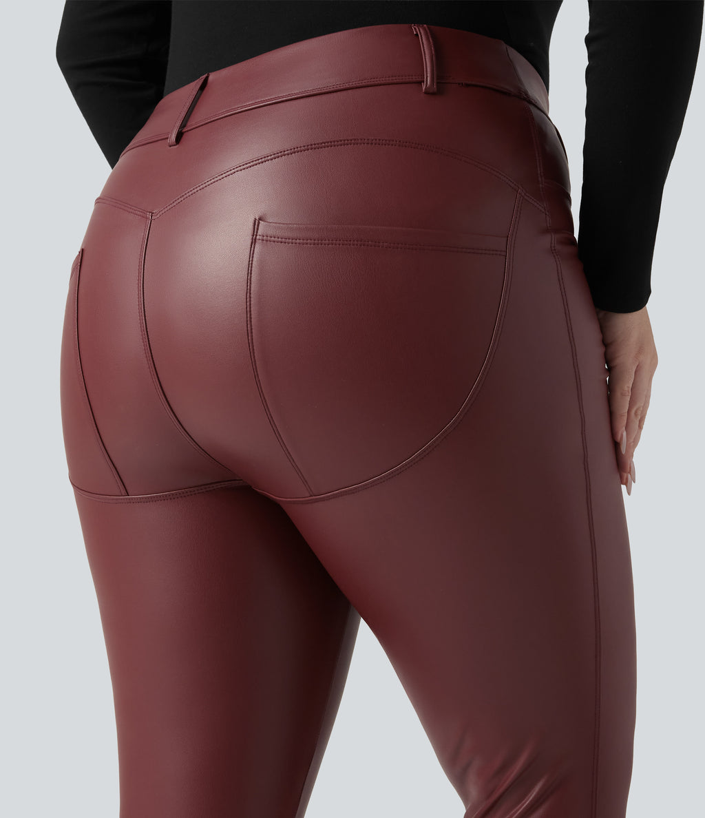High Waisted Stretchy PU Fleece Casual Plus Size Leggings with Pockets — Andorra — view 5