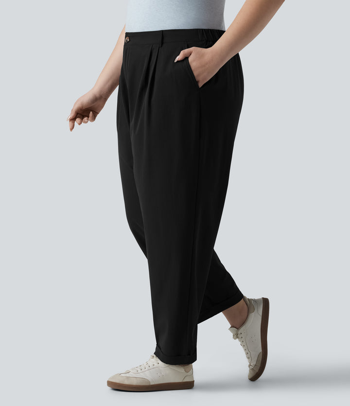 High Waisted Pleated Rolled Hem 7/8 Stretchy Poplin Casual Plus Size Tapered Trousers with Pockets — Black — view 7