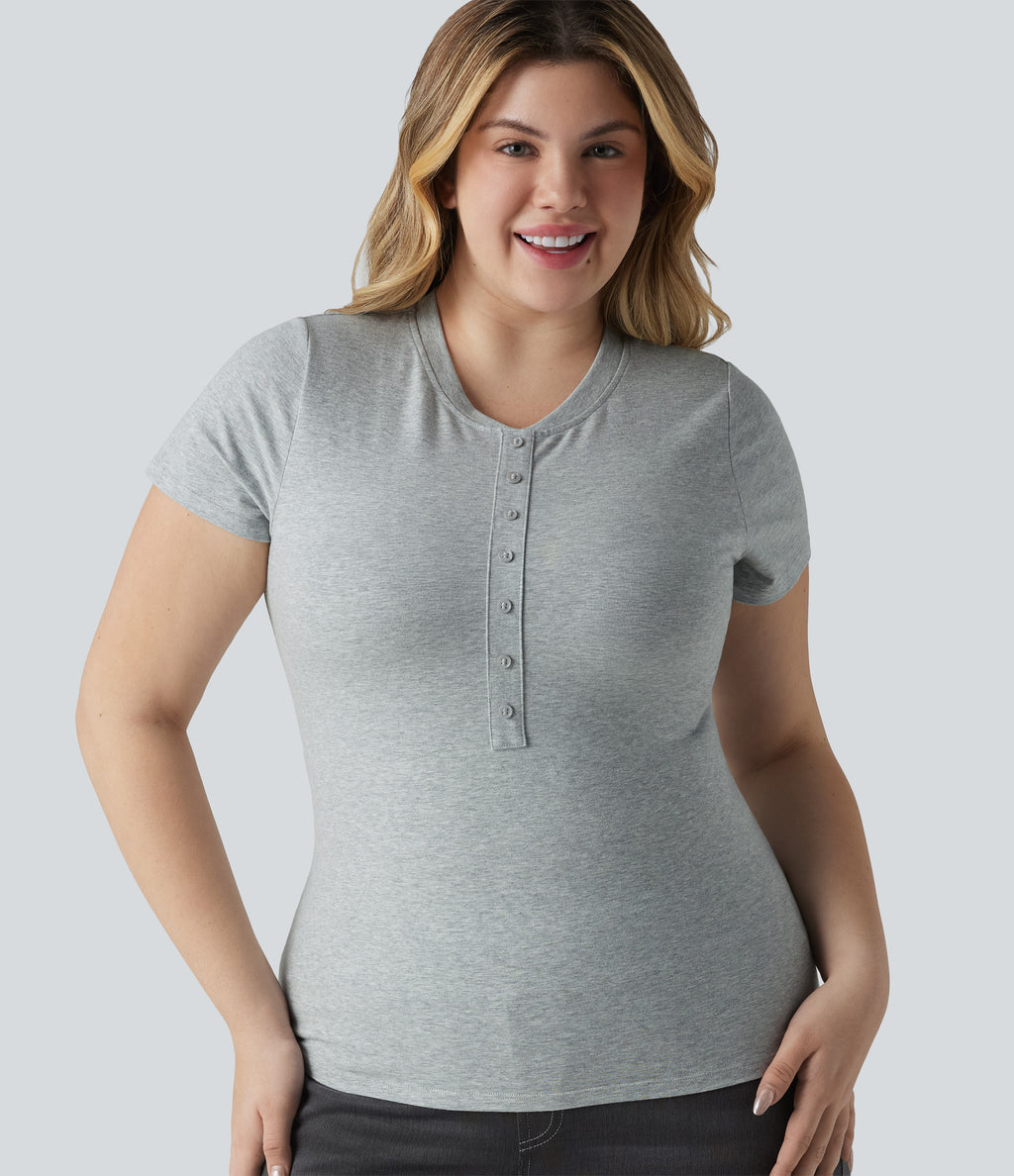Cotton Jersey Henley Short Sleeve Ultra-slim Casual Plus Size T-Shirt — Urban Mist — view 4
