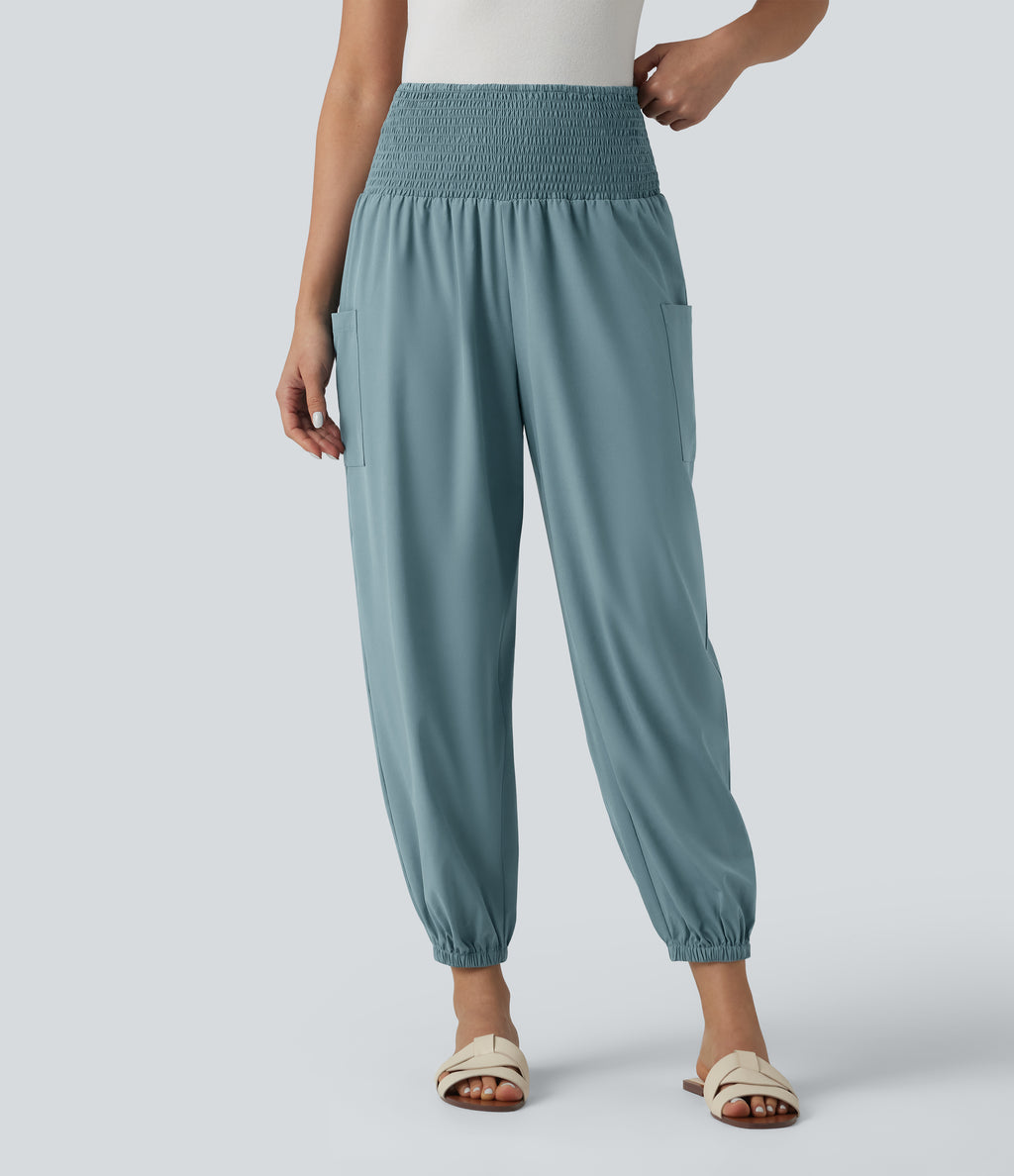 Ultra High-Waist Shirred Quick Dry Resort Joggers with Pockets — Stone Blue — view 1