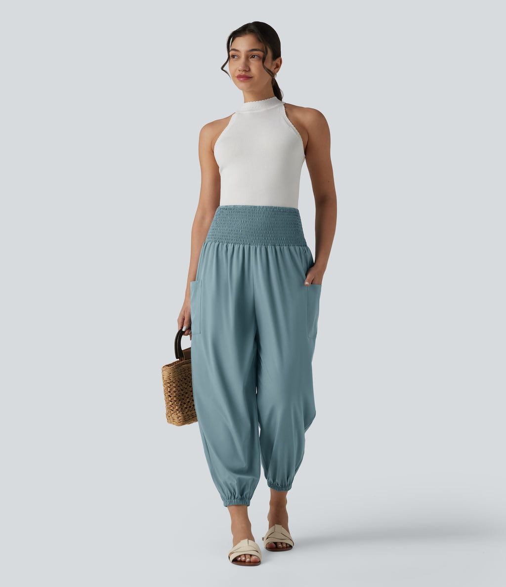 Ultra High-Waist Shirred Quick Dry Resort Joggers with Pockets — Stone Blue — view 5