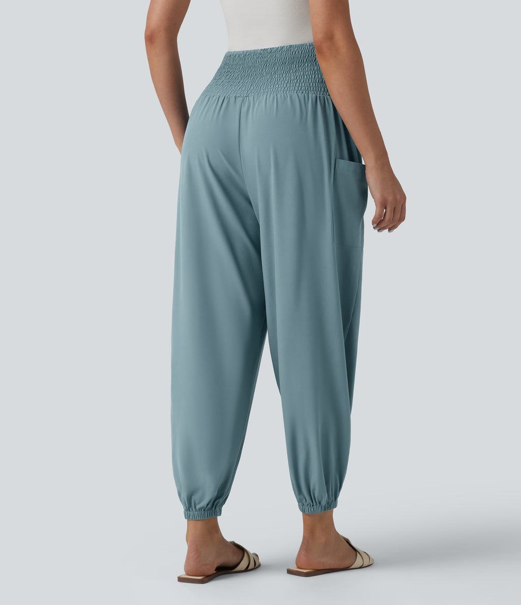 Ultra High-Waist Shirred Quick Dry Resort Joggers with Pockets — Stone Blue — view 2