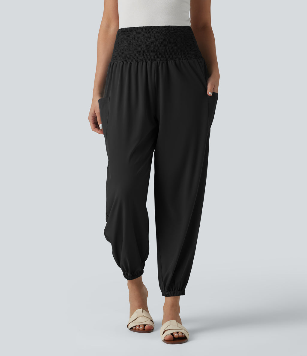 Ultra High-Waist Shirred Quick Dry Resort Joggers with Pockets — Black — view 6