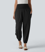 Ultra High-Waist Shirred Quick Dry Resort Joggers with Pockets — Black — view 6