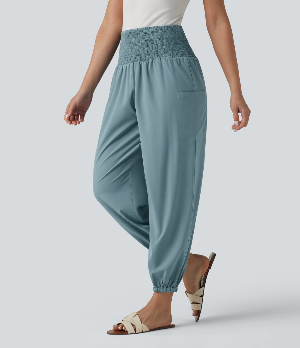 Ultra High-Waist Shirred Quick Dry Resort Joggers with Pockets — Stone Blue — view 3