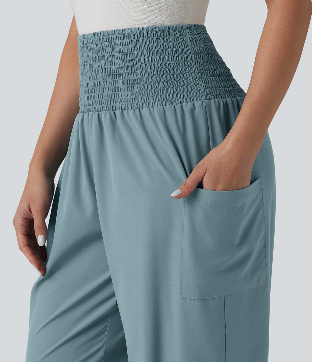 Ultra High-Waist Shirred Quick Dry Resort Joggers with Pockets — Stone Blue — view 4