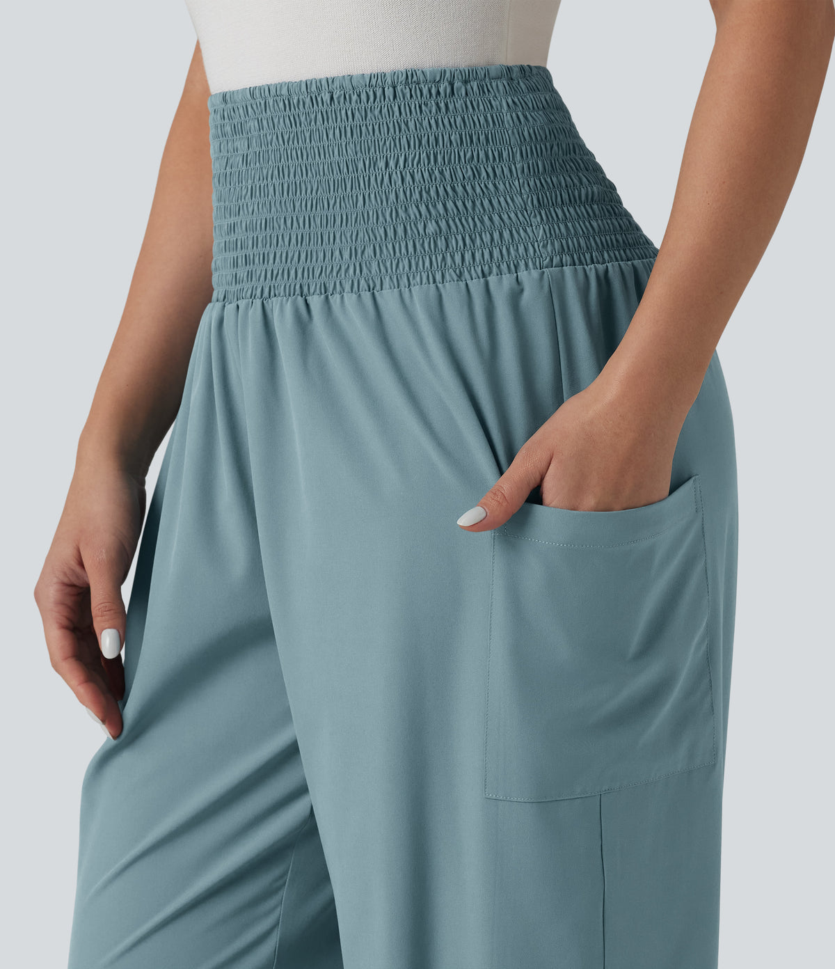 Ultra High-Waist Shirred Quick Dry Resort Joggers with Pockets — Stone Blue — view 4