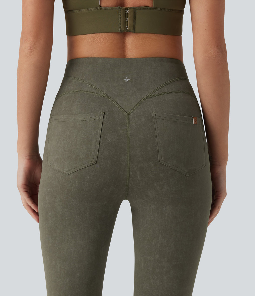High Waisted Tummy Control Washed Workout Leggings with Pockets — Deep Tea Green — view 4