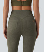 High Waisted Tummy Control Washed Workout Leggings with Pockets — Deep Tea Green — view 4