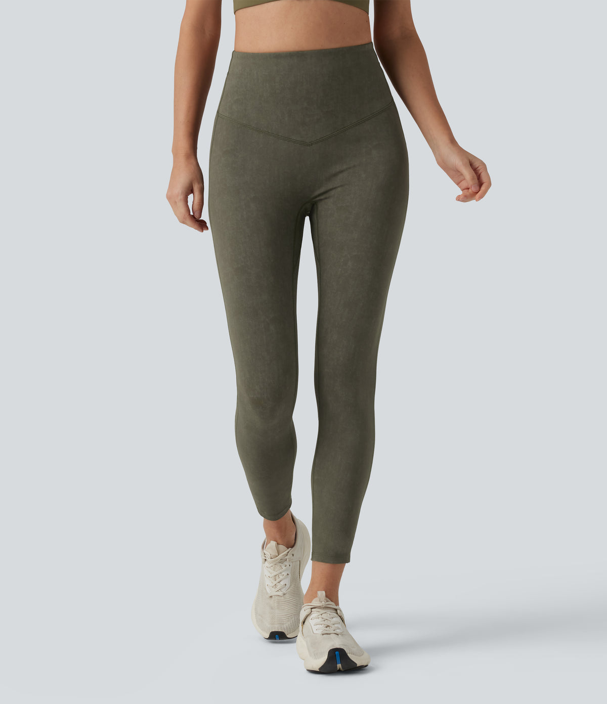 High Waisted Tummy Control Washed Workout Leggings with Pockets — Deep Tea Green — view 2