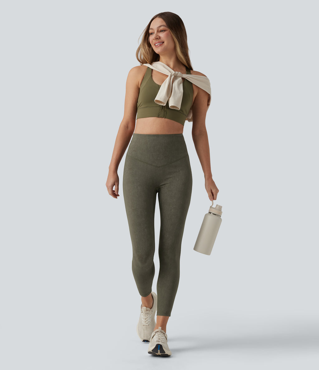High Waisted Tummy Control Washed Workout Leggings with Pockets — Deep Tea Green — view 6