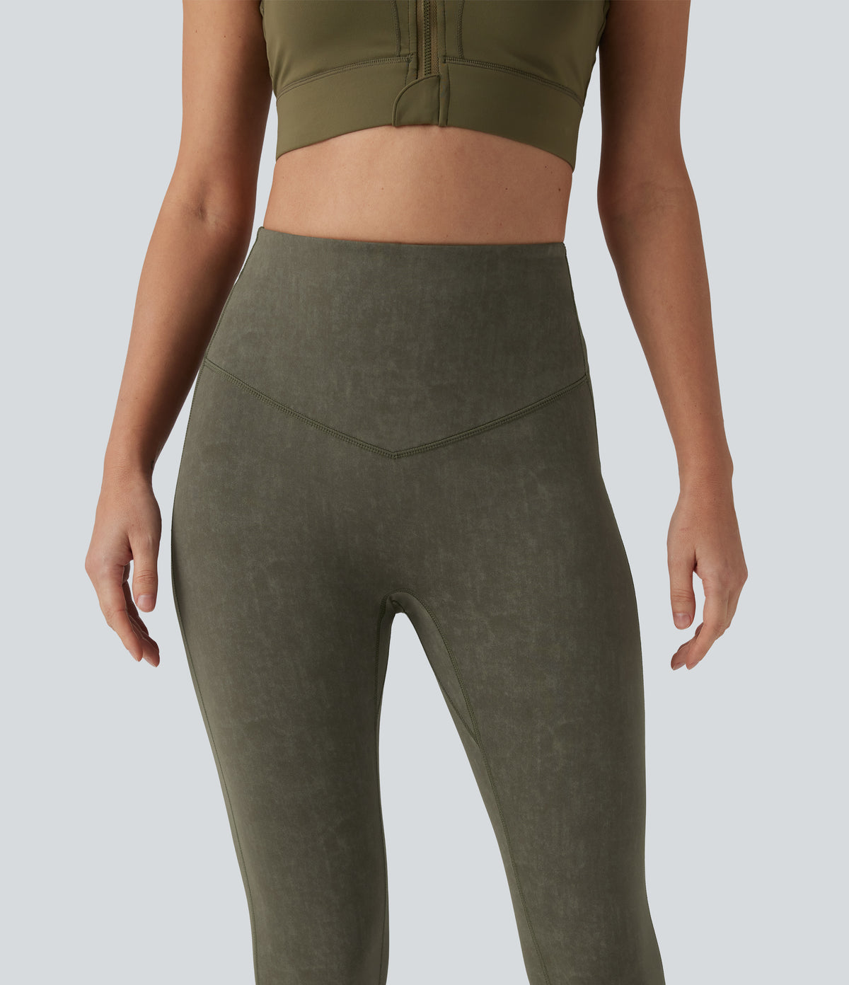 High Waisted Tummy Control Washed Workout Leggings with Pockets — Deep Tea Green — view 5