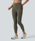 High Waisted Tummy Control Washed Workout Leggings with Pockets — Deep Tea Green — view 3