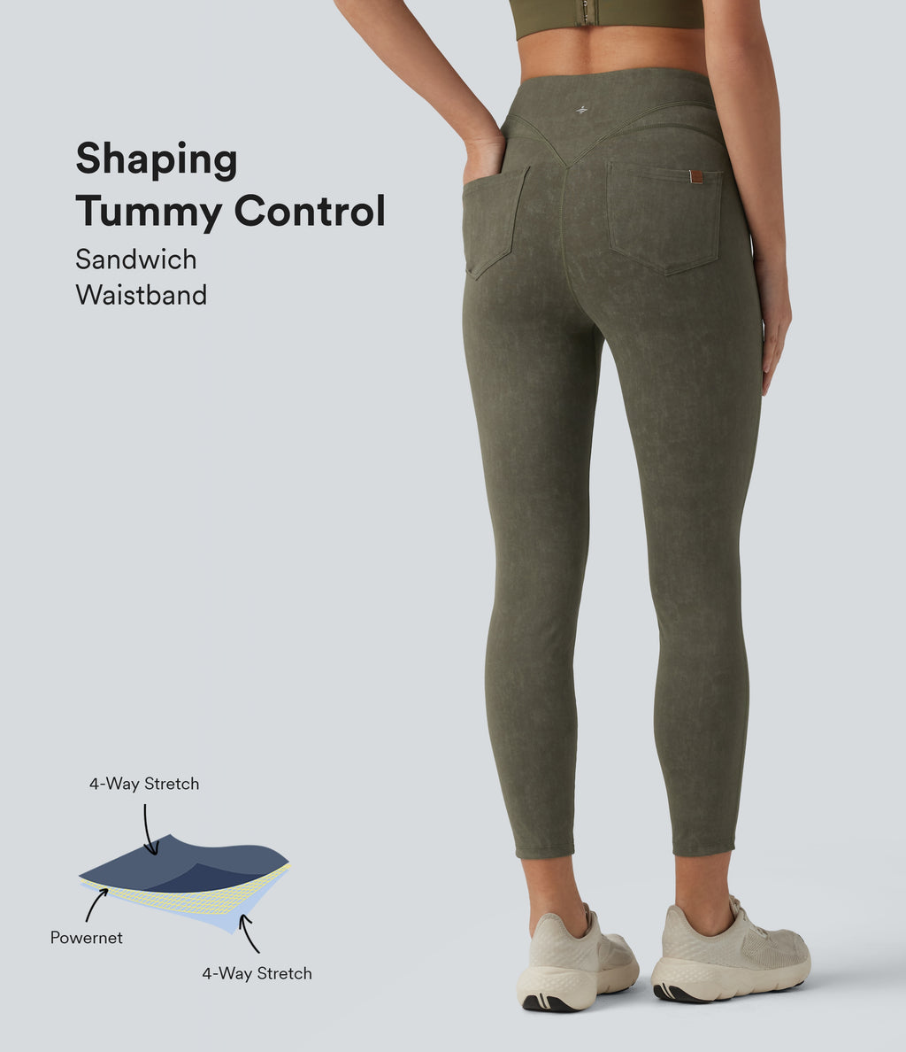 High Waisted Tummy Control Washed Workout Leggings with Pockets — Deep Tea Green — view 1
