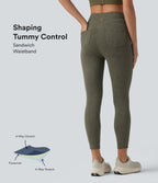 High Waisted Tummy Control Washed Workout Leggings with Pockets — Deep Tea Green — view 1