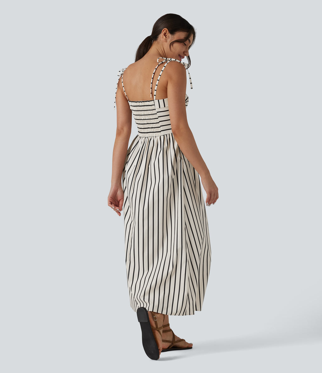 Lace Up Stripe Midi Slip Dress with Pockets — White Black Stripe — view 2