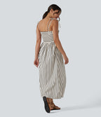 Lace Up Stripe Midi Slip Dress with Pockets — White Black Stripe — view 2