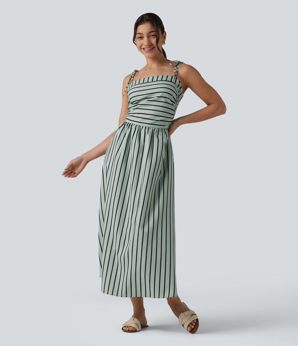 Lace Up Stripe Midi Slip Dress with Pockets — Forest Shadow Stripe — view 8
