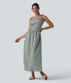 Lace Up Stripe Midi Slip Dress with Pockets — Forest Shadow Stripe — view 8