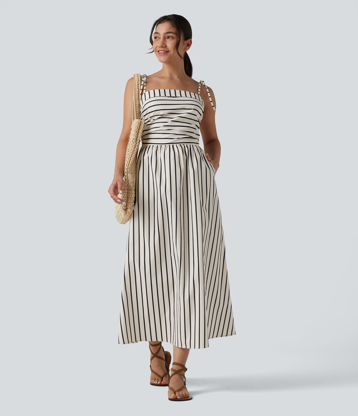 Lace Up Stripe Midi Slip Dress with Pockets — White Black Stripe — view 6