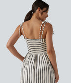 Lace Up Stripe Midi Slip Dress with Pockets — White Black Stripe — view 4