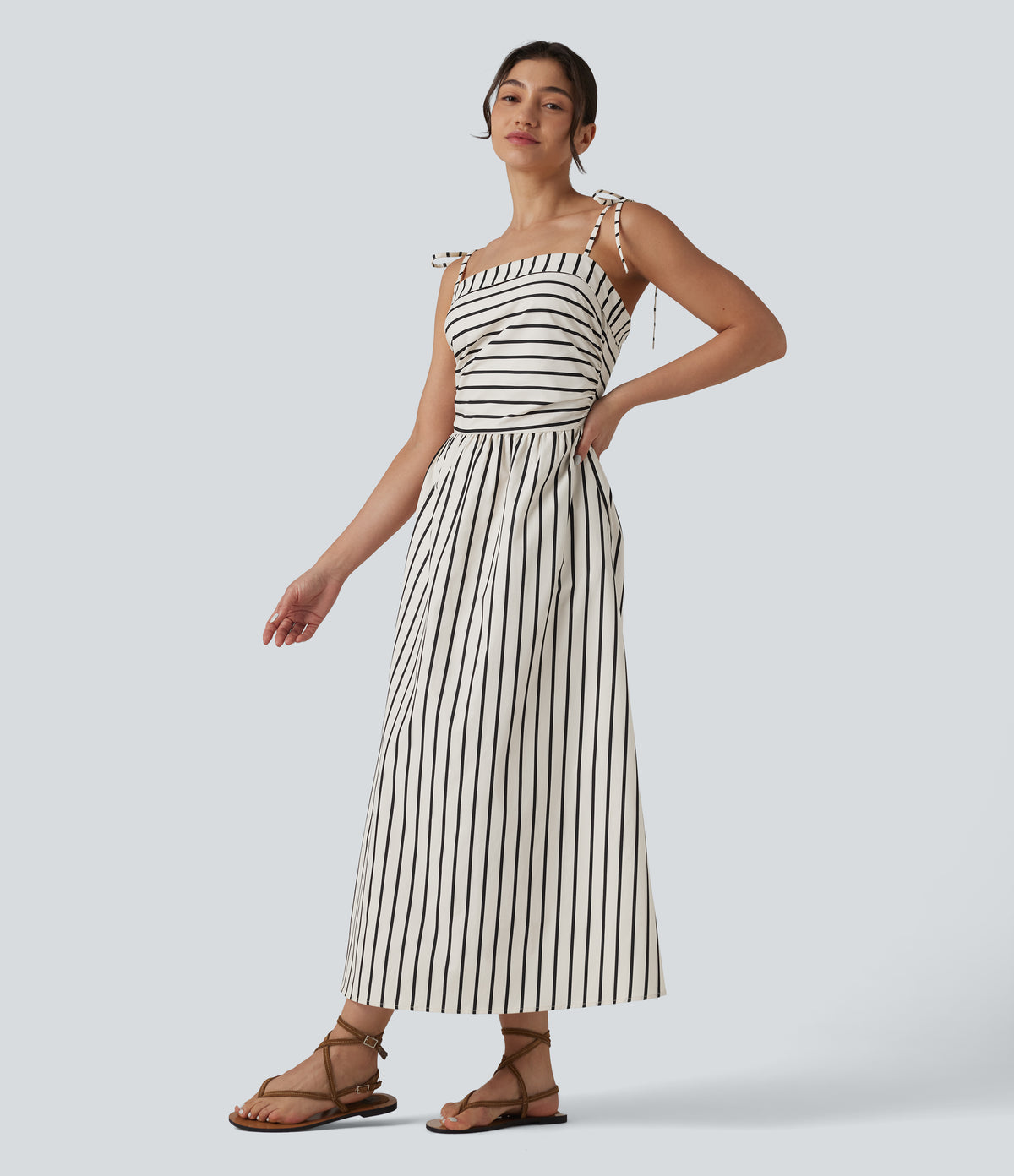 Lace Up Stripe Midi Slip Dress with Pockets — White Black Stripe — view 3