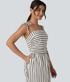 Lace Up Stripe Midi Slip Dress with Pockets — White Black Stripe — view 5