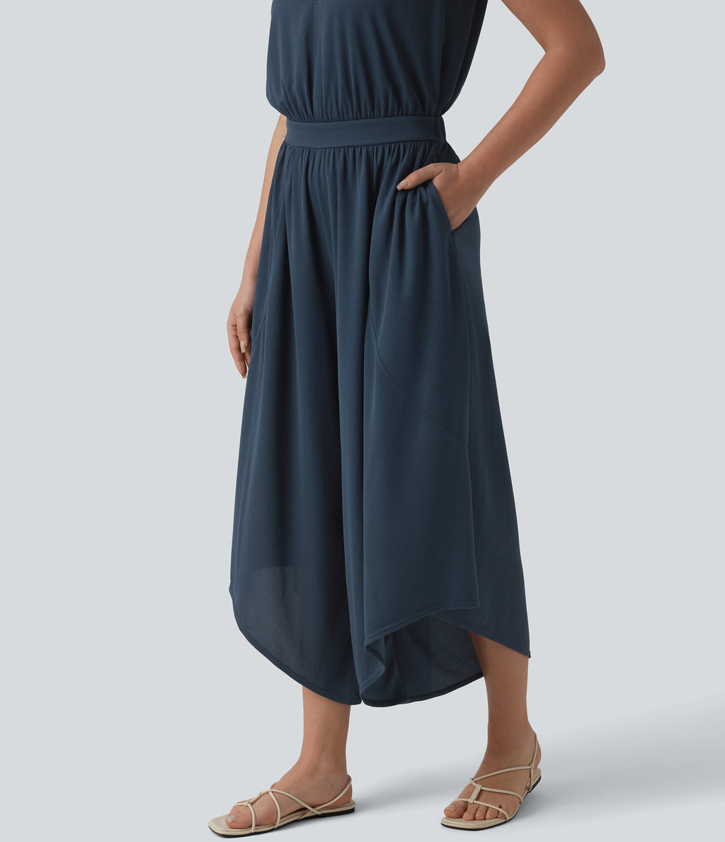 V Neck Flowy Waffle Casual Jumpsuit with Pockets-Edition — Charm Ink Blue — view 6