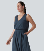 V Neck Flowy Waffle Casual Jumpsuit with Pockets-Edition — Charm Ink Blue — view 4