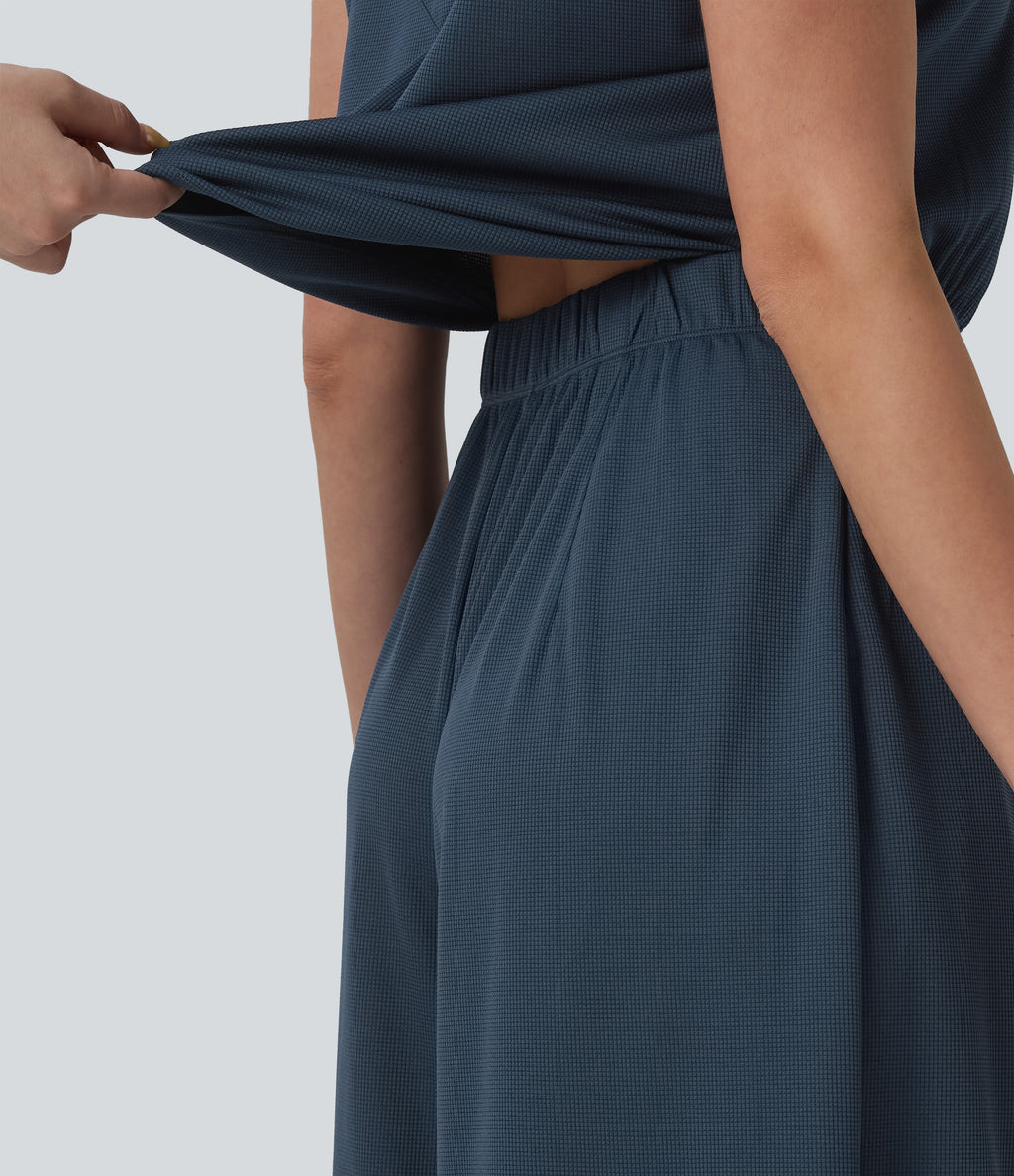 V Neck Flowy Waffle Casual Jumpsuit with Pockets-Edition — Charm Ink Blue — view 5