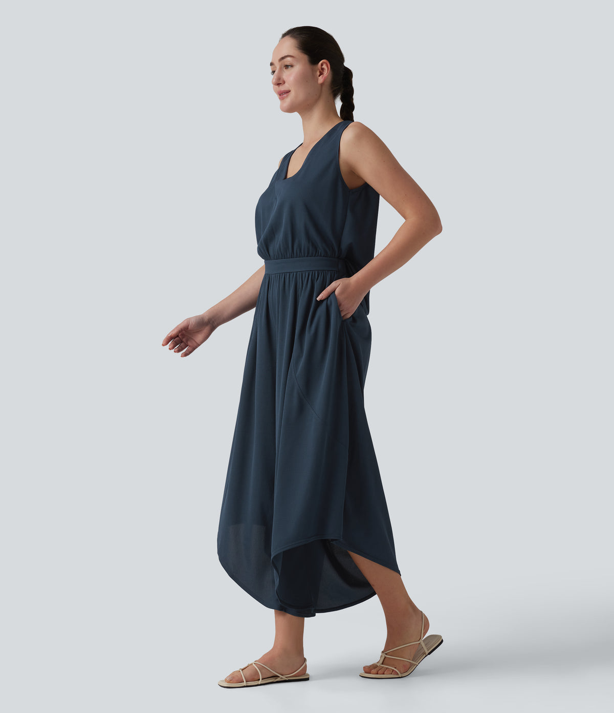 V Neck Flowy Waffle Casual Jumpsuit with Pockets-Edition — Charm Ink Blue — view 3