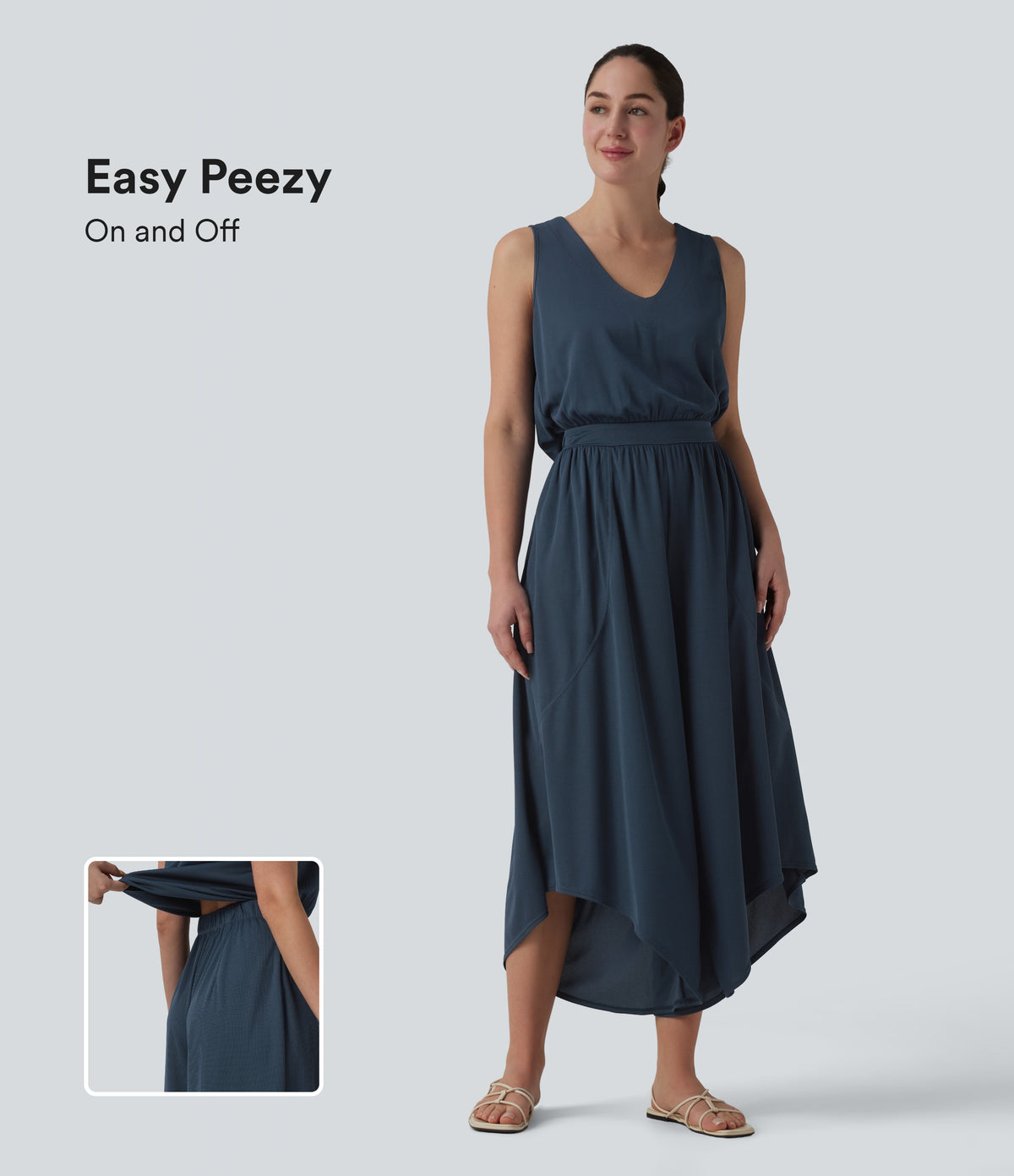 V Neck Flowy Waffle Casual Jumpsuit with Pockets-Edition — Charm Ink Blue — view 1