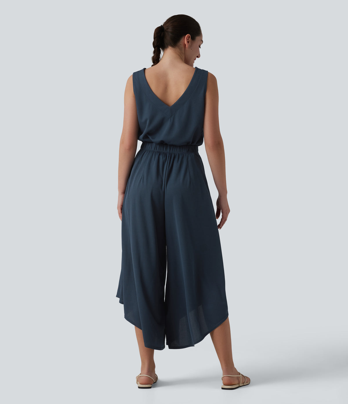 V Neck Flowy Waffle Casual Jumpsuit with Pockets-Edition — Charm Ink Blue — view 2