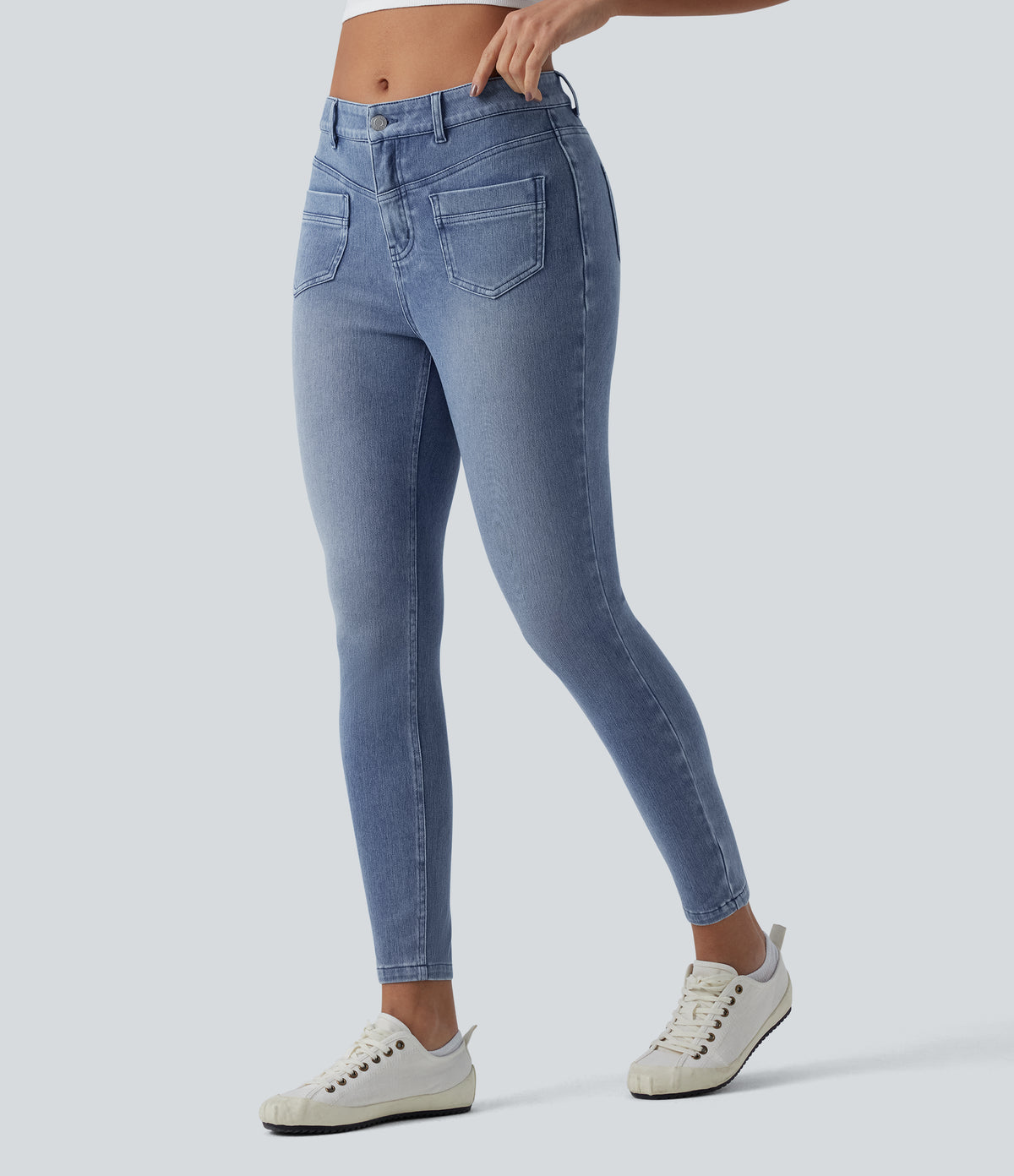 Mid Rise Casual Skinny Jeans with Pockets — Powder Blue Denim — view 1