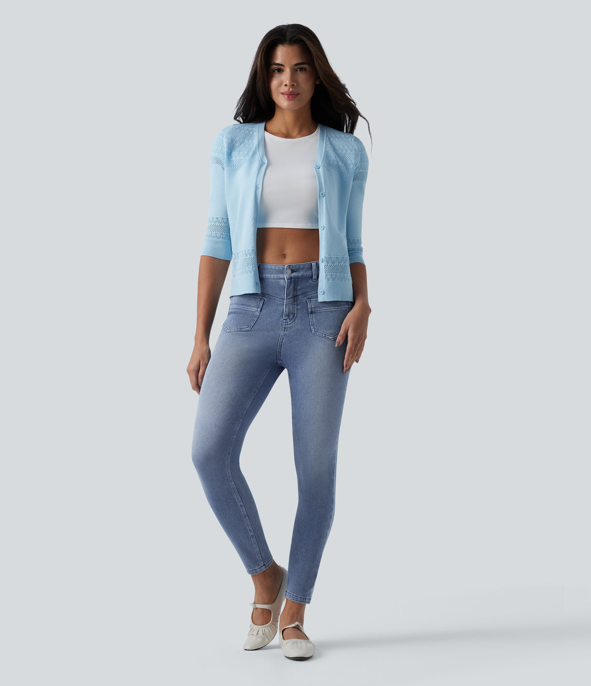 Mid Rise Casual Skinny Jeans with Pockets — Powder Blue Denim — view 6