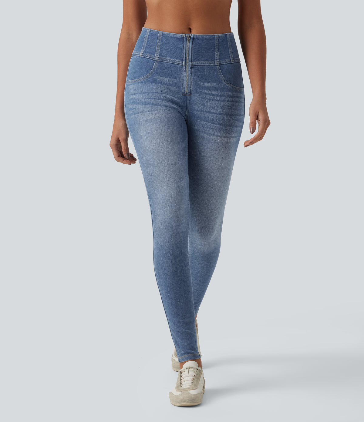 Mid Rise Zipper Tummy Control Casual Skinny Jeans with Pockets — Blue Jasper Denim — view 3