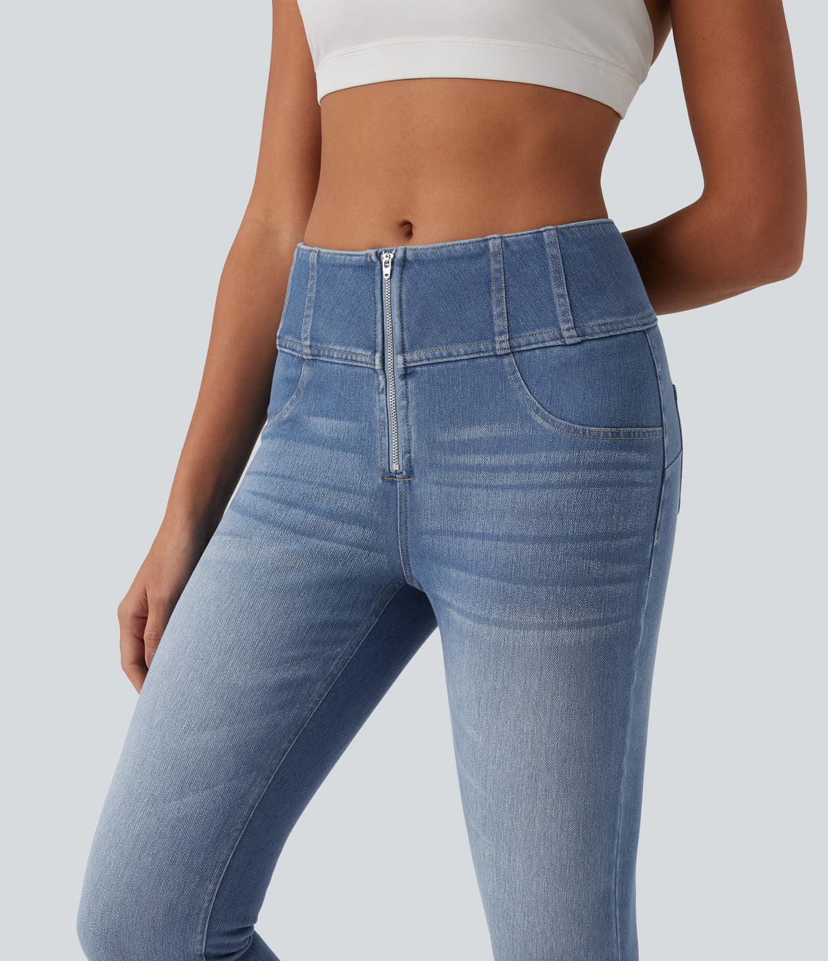 Mid Rise Zipper Tummy Control Casual Skinny Jeans with Pockets — Blue Jasper Denim — view 5